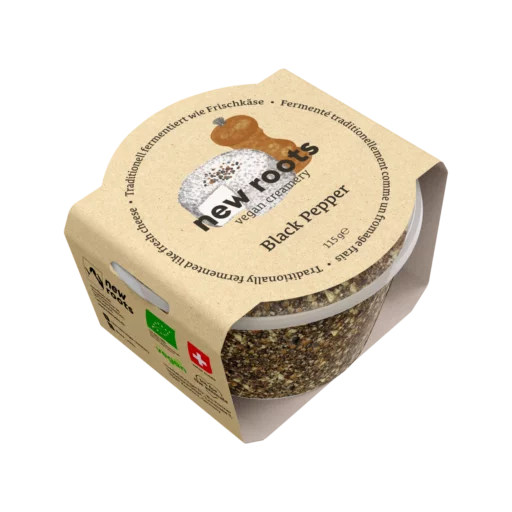 Black Pepper Plant-based alternative to fresh cheese with pepper. Made in Switzerland from organic cashew nuts. Fermented following traditional Swiss cheese-making methods.