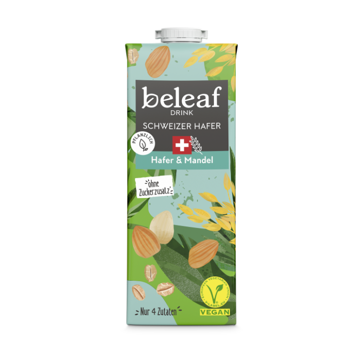beleaf Oat Drink Oat & Almond Balance to drink: Perfectly balanced drink with a naturally pleasant note of oats and almonds. Sweetens your day without any added sugar. beleaf it.